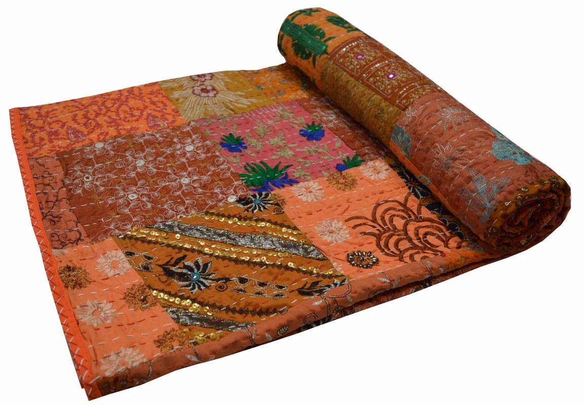 V Vedant Designs Khambadiya Print Hand Jari Pacthwork Cotton Quilt Gudri Vintage Handmade Kantha Indian Throw Bedcover Bedspread Khambadiya Quilts, Oragne, 90x108 Inch