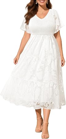 Pinup Fashion Plus Size Fall Wedding Guest Dress - Long Sleeve V Neck Floral Lace Smocked Flowy Tiered Midi Dress