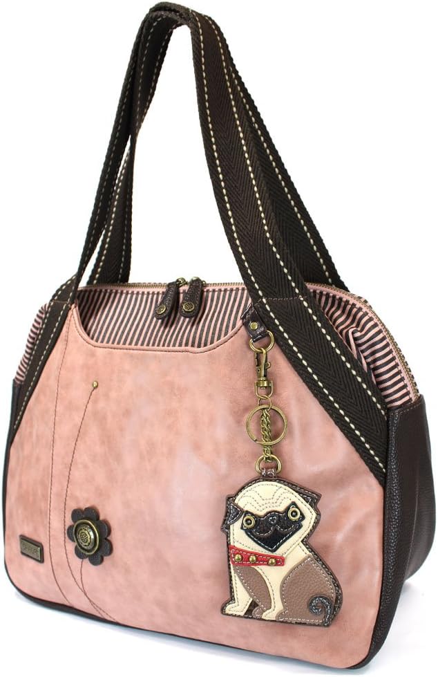CHALA Handbags Dust Rose Shoulder Purse Tote Bag with Dog Key Fob/coin purse (Pug)