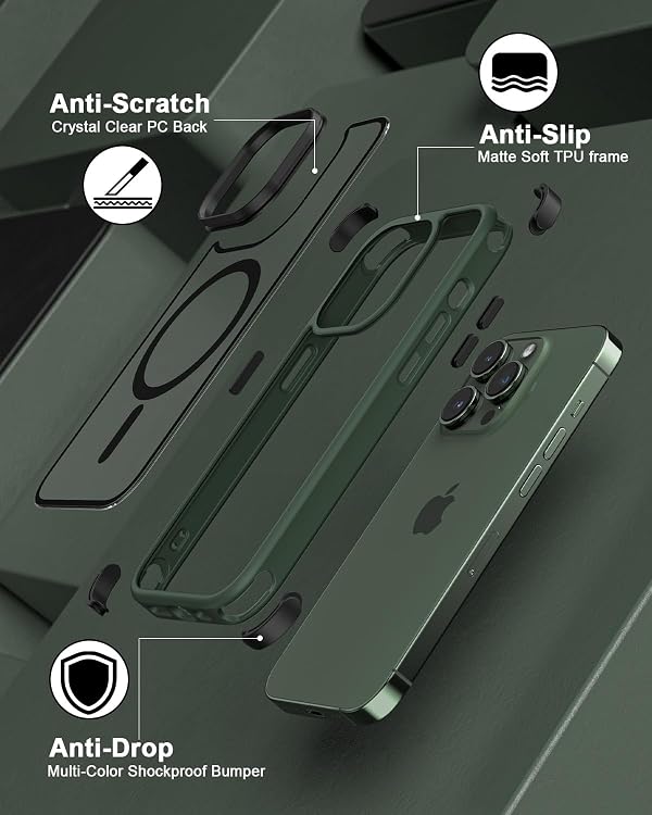Mobnano for iPhone 13 Pro Case, Compatible with MagSafe, Crystal Clear Case with Magnetic Ring, Multicolor Protective Shockproof Bumpers, Not Yellowing Slim Cover for Men Women - Green/Black by MobNano - Used condition - Image 6