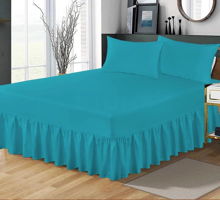 Easy Care Plain Polycotton Fitted Valance Sheet Deep Drop – Super Soft Non-Iron Fade Resistant Bed Skirt (TEAL SI)