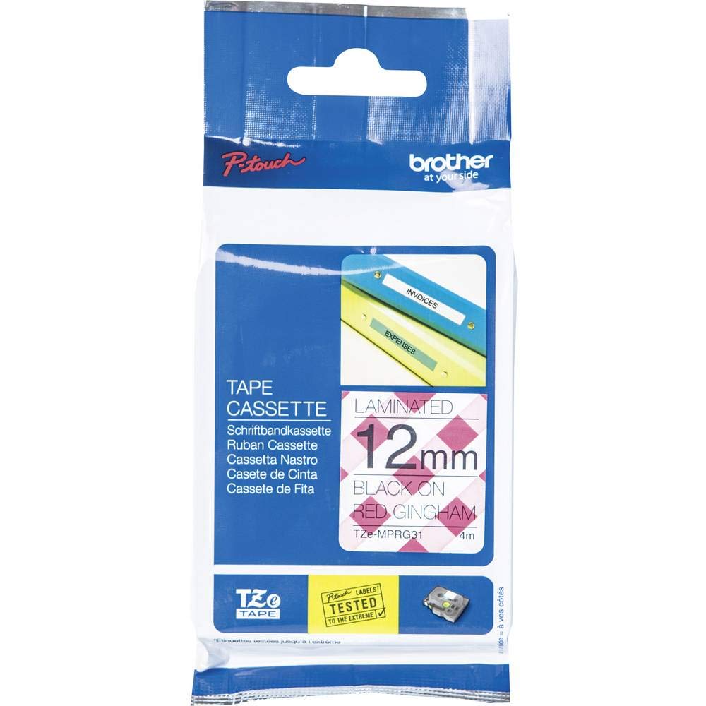 Original Brother TZe-MPRG31 Black on Red Gingham 12mm Labelling Tape