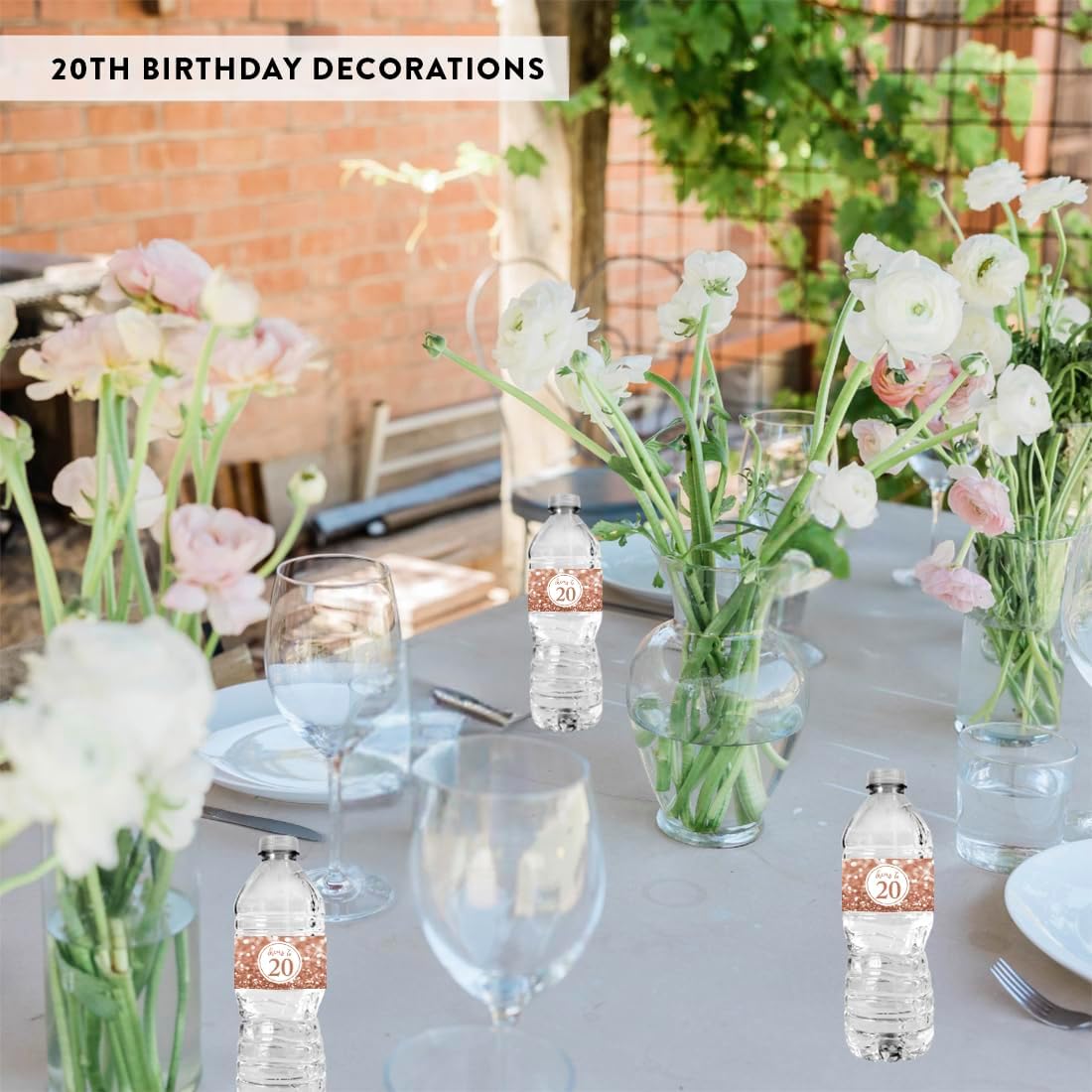 Andaz Press Glitzy Faux Glitter Rose Gold Water Bottle Labels Stickers, Cheers to 20, 20th Birthday Water Bottle Labels Anniversary 20th Birthday Decorations for Women Birthday Party Favors, 20-Pack