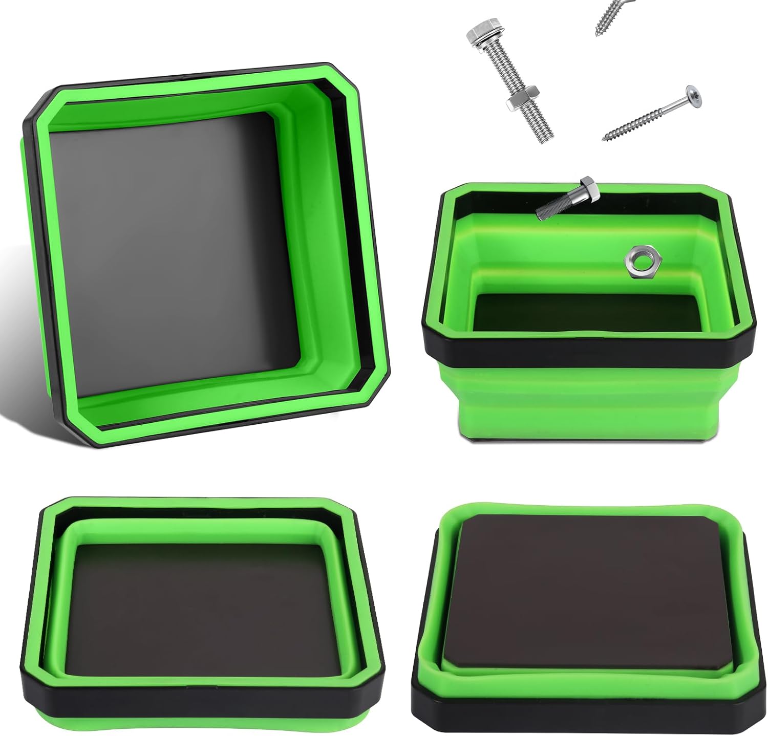 Collapsible Magnetic Parts Tray Set, 4 Pack New Version Magnetic Tool Trays for Screw Bolts Nuts Washers Pins & Small Metal Parts-4.5” Square Silicone Bowls with Double Sided Magnetic Base(Green)