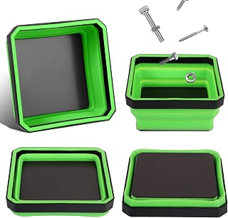 Collapsible Magnetic Parts Tray Set, 4 Pack New Version Magnetic Tool Trays for Screw Bolts Nuts Washers Pins & Small Metal Parts-4.5” Square Silicone Bowls with Double Sided Magnetic Base(Green)