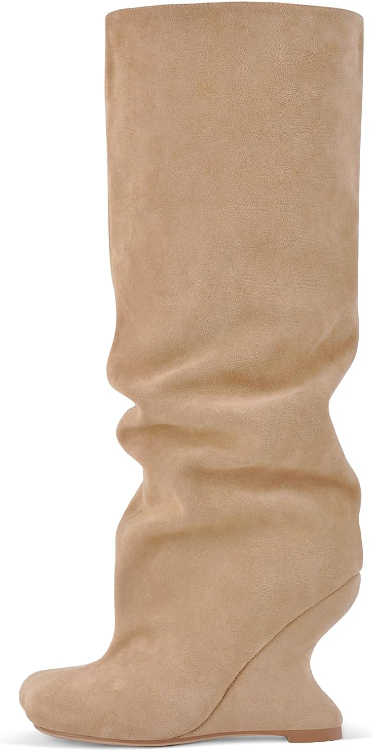 sexytag Slouchy Square Closed Toe Suede Knee High Boots Inverted Wedge Heel Pull On Tall Boots