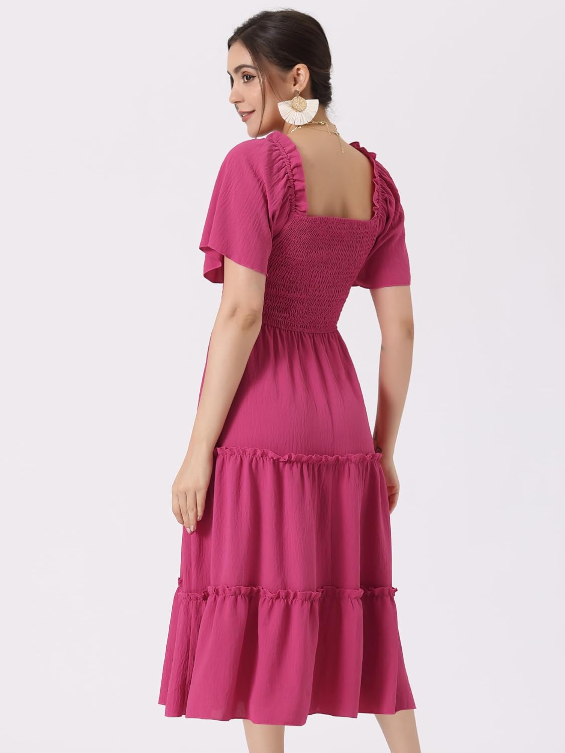 Allegra K Boho Midi Dress for Women's Square Neck Flutter Short Sleeve Tiered Flowy Smocked Dress - Image 3