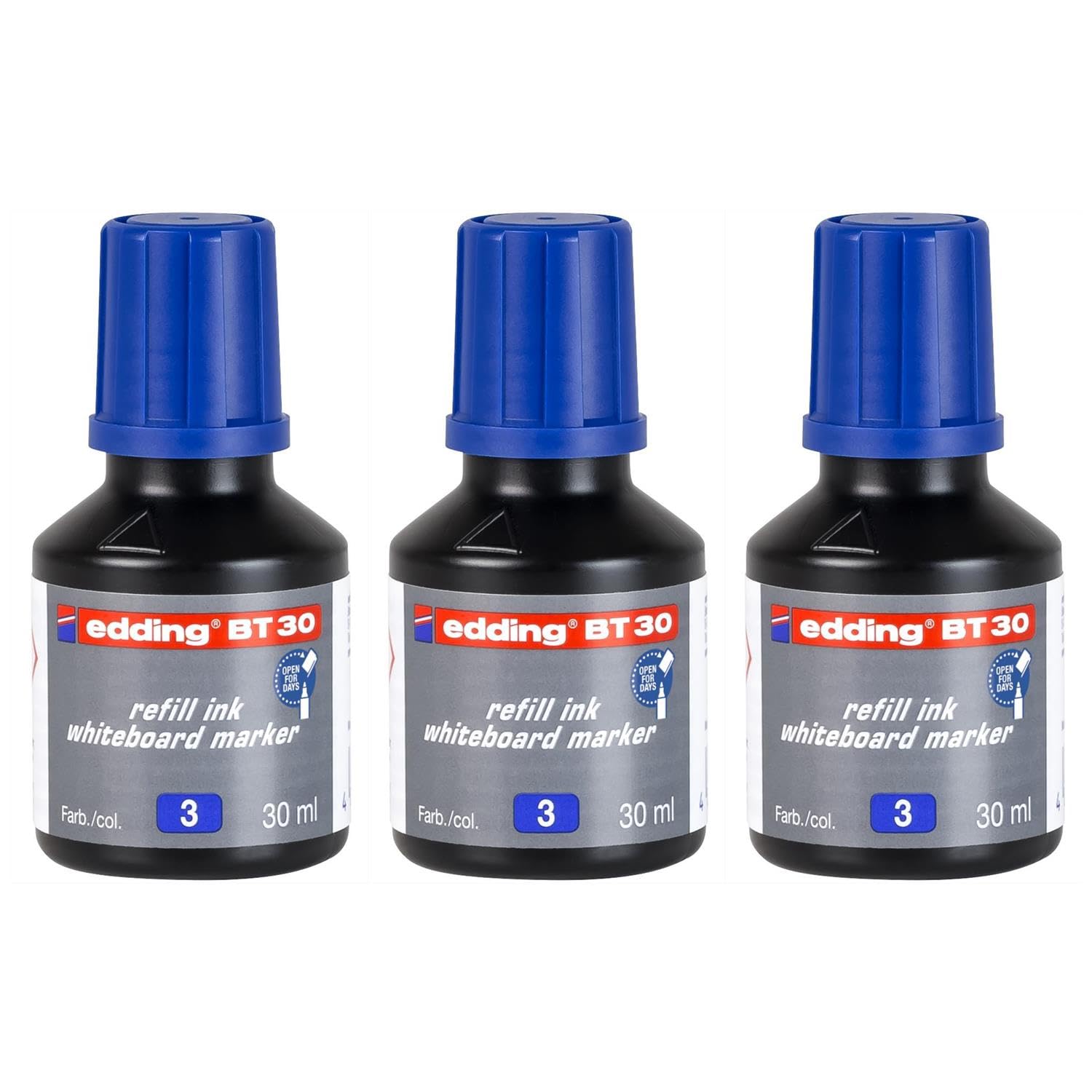 EDDING 3 Flaschen 30 ml Nachfülltinte Blau BT 30 für Whiteboard-Marker