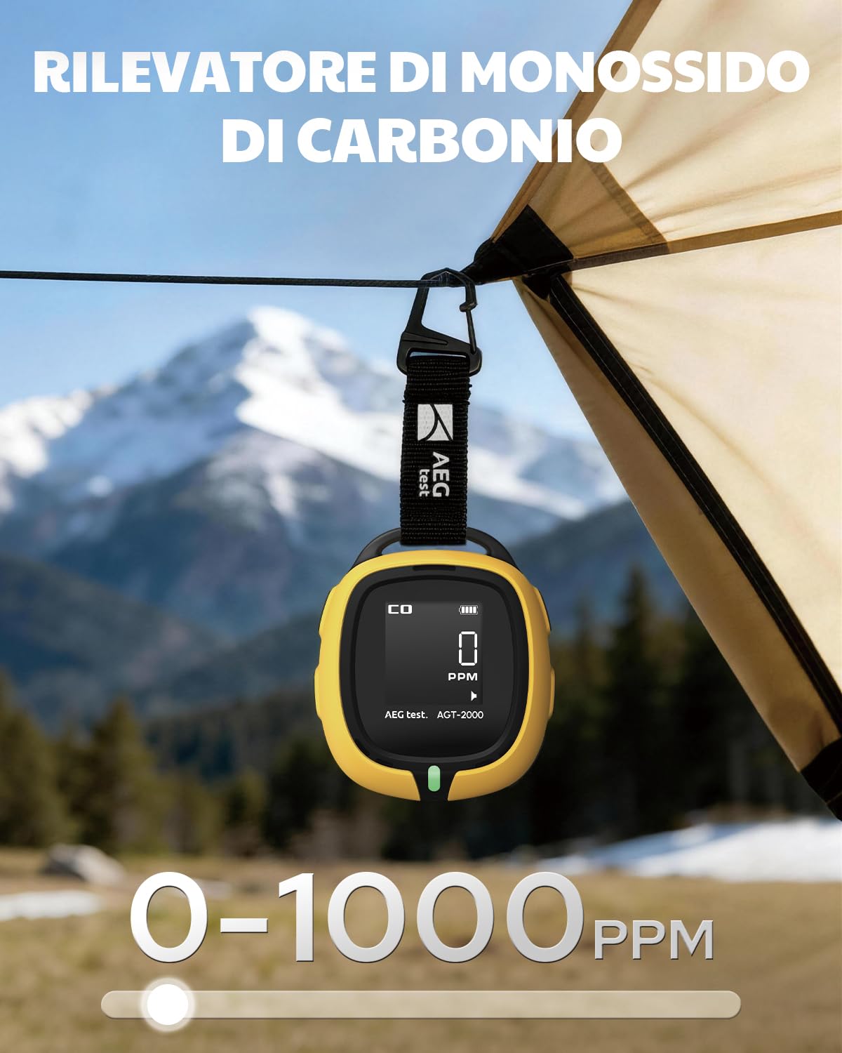 AGT-2000 Rilevatore Portatile di Monossido di Carbonio da Viaggio, 240H di Autonomia, Rilevatore CO con Allarmi Acustici e Visivi per Campeggio, Ricaricabile, Con Torcia di Emergenza Integrata