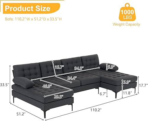 Miniatura 2 de Karl home Sofá seccional de 110 pulgadas, sofá en forma de U, tapizado de tela de lino, sofá seccional con divanes dobles y patas de metal, decorado