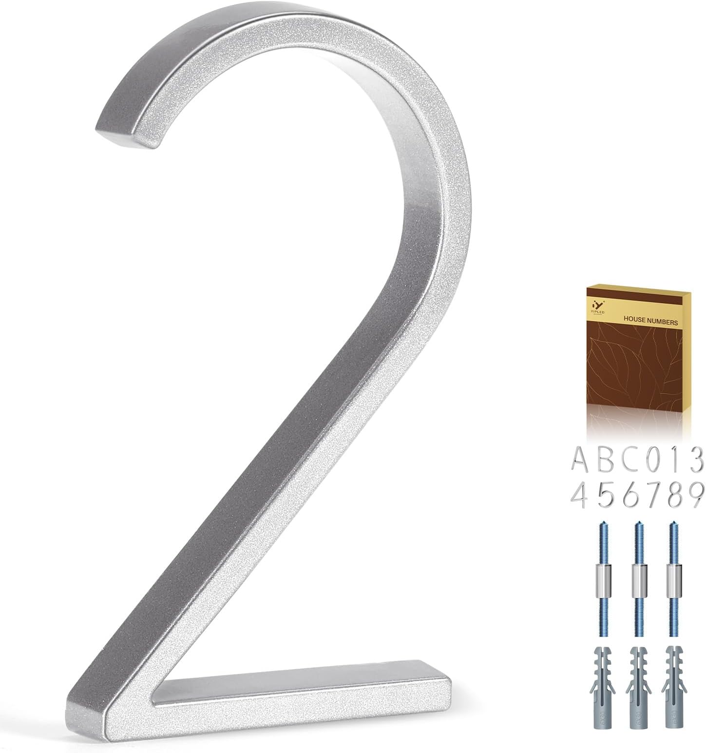 5 Inch House Numbers for Outside, Metal Address Number 2 - Modern Design, Weather-Resistant Silver Powder Coated Finish, No Fading (Silver)