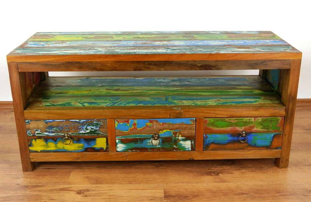 livasia Asiatisches Sideboard aus Massivholz – 110x40x50cm – Handgefertigt aus Teak Holz, Kommode aus recycelten Fischerbooten, Robust und Zeitlos, Shabby Look (Bunt)