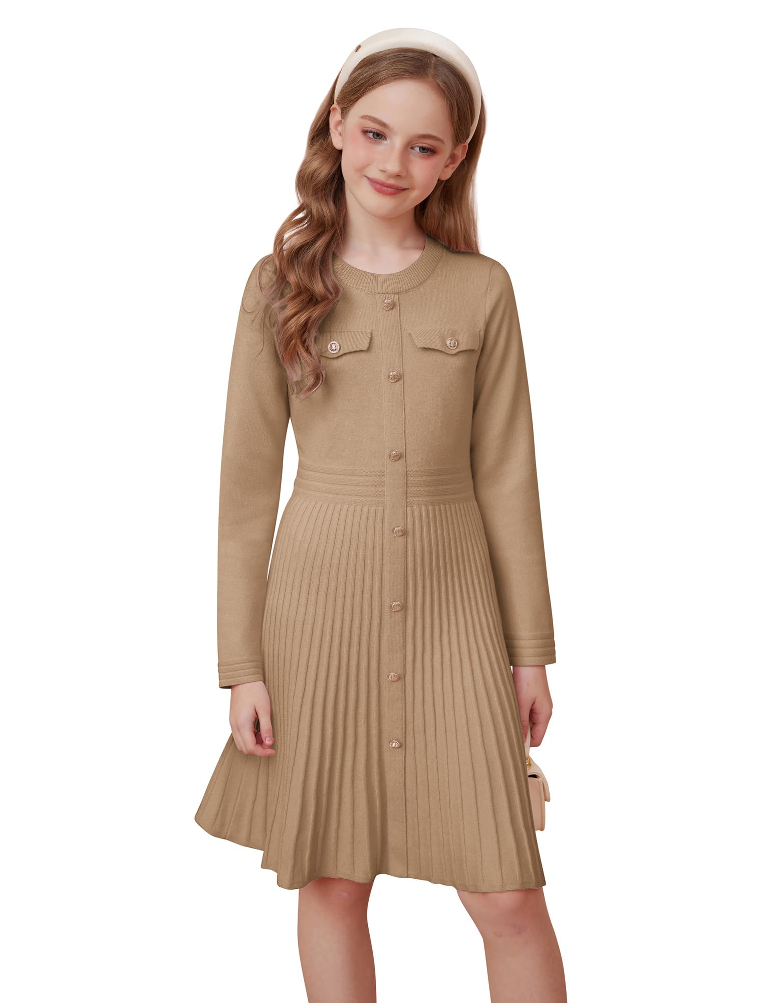 GRACE KARIN Mädchen Langarm Strickkleid Kinder Herbst Winter Prinzessin A-Linie Schule Pulloverkleid Festlich Weihnachtskleid