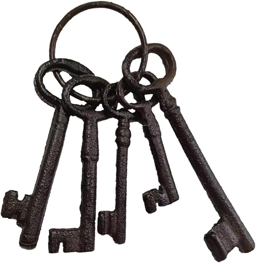 Salomé Idea 8" Vintage Cast Iron Skeleton Key Ring Antique Style Pirate Treasure Chest Keys Set for Farmhouse Decor, Halloween Home Decoration Prop(5 Keys-Brown)