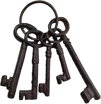 Salome Idea 8" Vintage Cast Iron Skeleton Key Ring Antique Style Pirate Treasure Chest Keys Set for Farmhouse Decor, Halloween Home Decoration Prop5 Keys-Brown