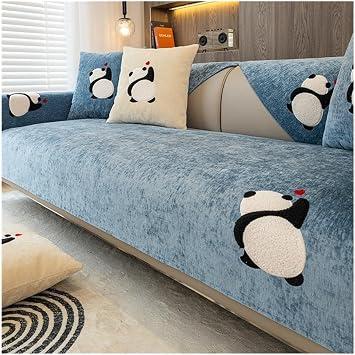 Chenille Couch Covers Panda Pattern Embroidered Sofa Covers Universal Four Seasons Sectional Couch Cover Anti-scratch Wear-resistant Furniture Cover For Cat DogBlue,90 * 160cm/35.4 * 63in