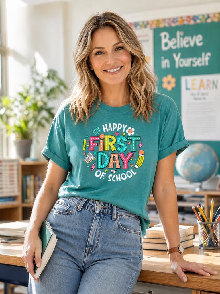 First Day of School Teacher Shirt Women Back to School Graphic Tee Teacher School Shirt image 3