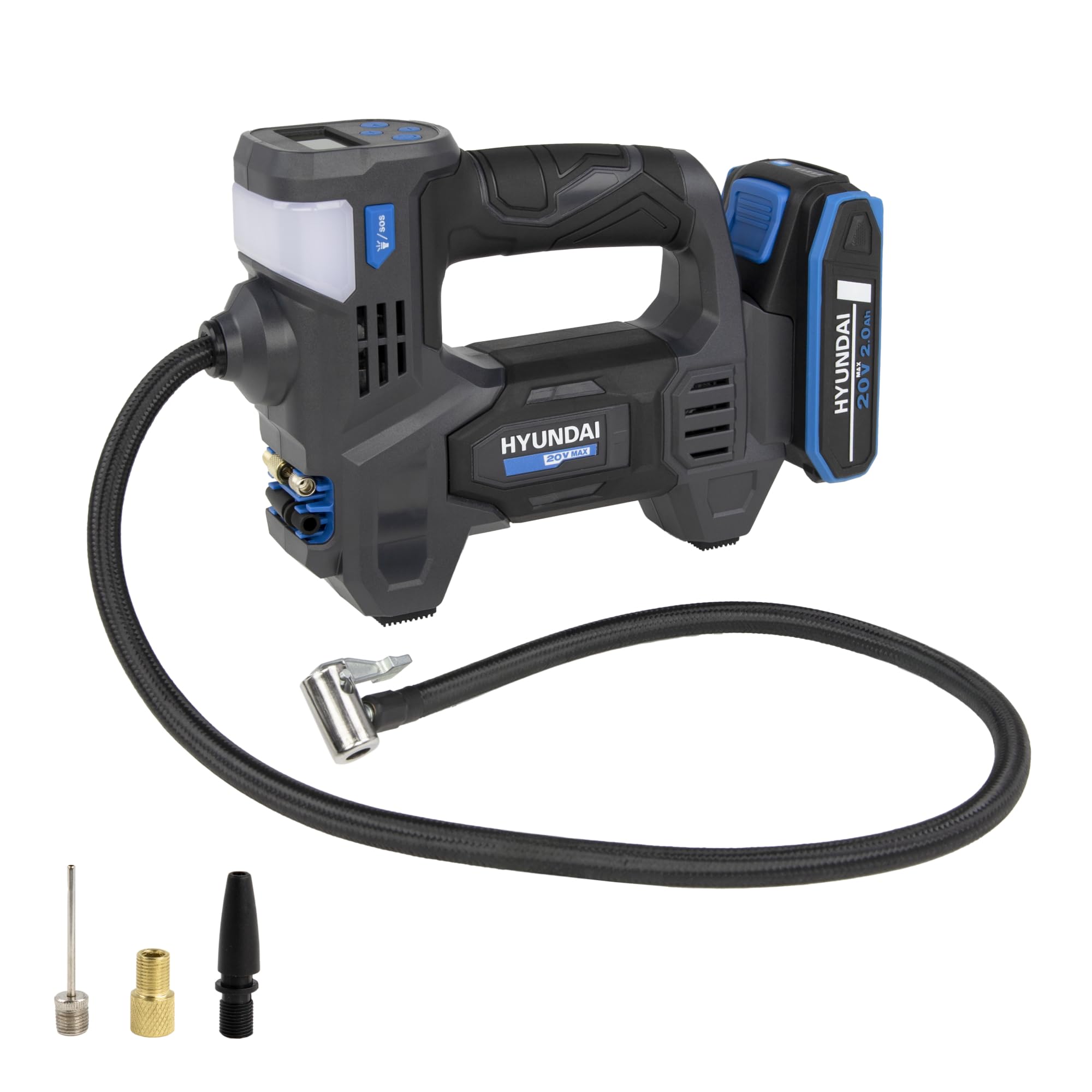 HYUNDAI Akku-Kompressor IF20S-2A1 | Li-Ion, 20V, 10-bar, 70 cm | multifunktionale Luftpumpe, Autokompressor | LED- & SOS-Notlicht | Lieferumfang: Luftkompressor, 3 Adapter, 1 x 2.0Ah Akku, Ladegerät