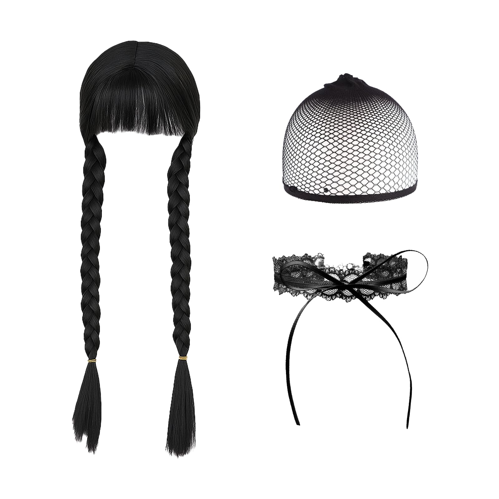 SSKHE 3Pcs Black Braided Wig for Women and Children Cosplay Accessory for Wednesday Addams Halloween Costume Hairpiece