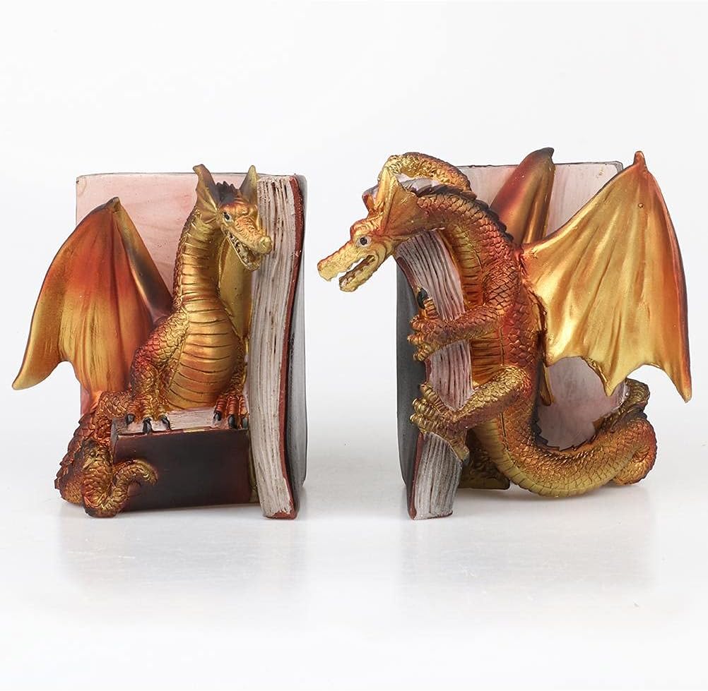 Funny Dragon Bookends, Gothic Resin Dragon Statue Bookends Set of 2 for Shelves, Fantasy Evil Dragon Book Holder for Home Office Bookshelf Decor