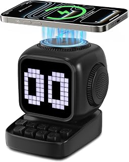 5‑in‑1 Retro Robot Bluetooth Speaker, 15W Wireless Charger, Pixel LED Screen, 10W Stereo, 15 White Noise, Dual Alarm Clock, Portable Speaker for Bedroom Desk Office, Black