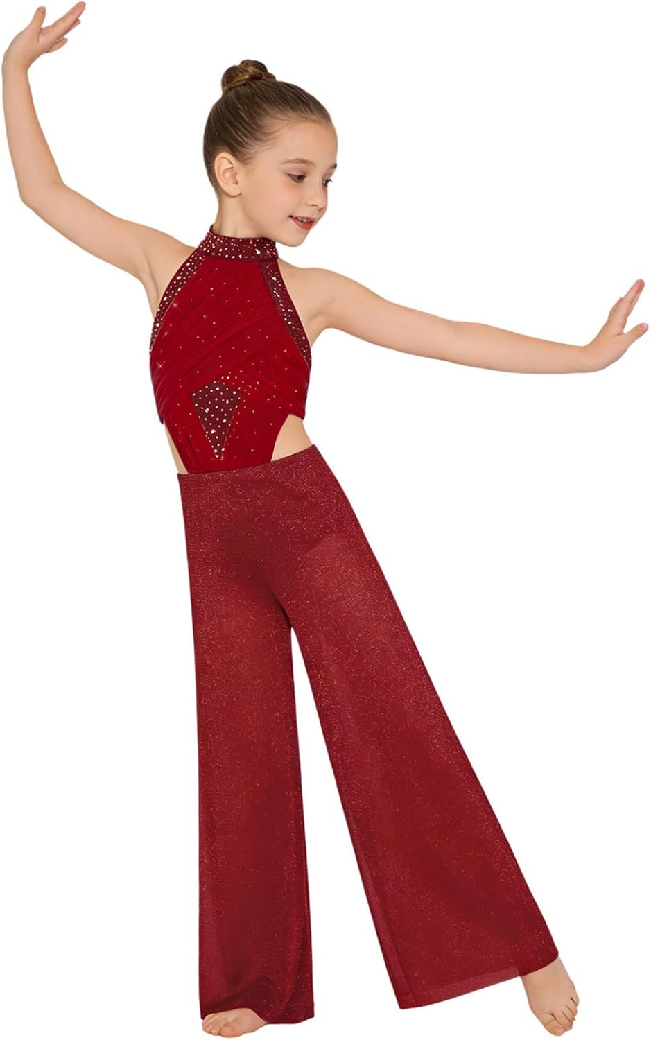 Kids Girls Sleeveless Cutout Sequins Jumpsuit Mesh Wide Leg Pants Shiny Rhinestone Ballet Dance Leotard Dress