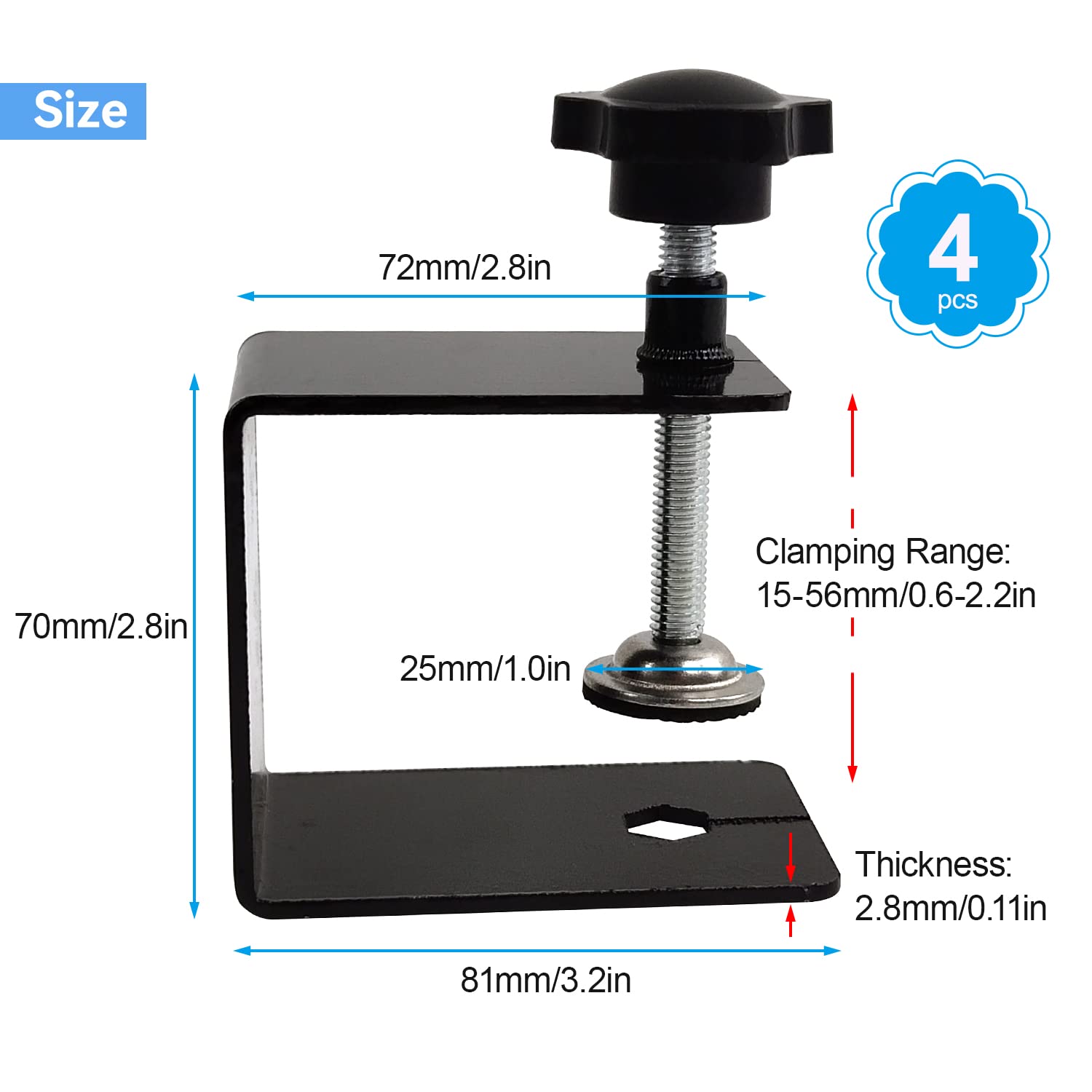 4 Pièce Clip de Fixation, 50 mm Pince G Réglable, Cadre Facial Acier Inoxydable, Support de Cloison pour Bureau Laboratoire, Outils de Serrage pour le Travail du Boi (Noir)