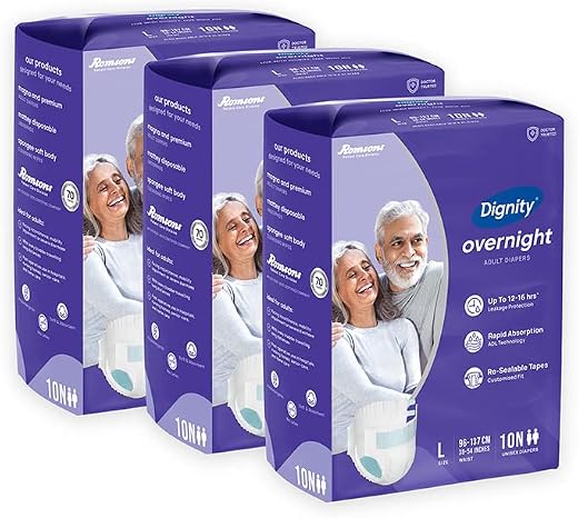 DIGNITY Overnight Tape Style Adult Diapers - L (30 Pieces) With Wetness Indicator and Leakage Protection Upto 12-16 Hrs.