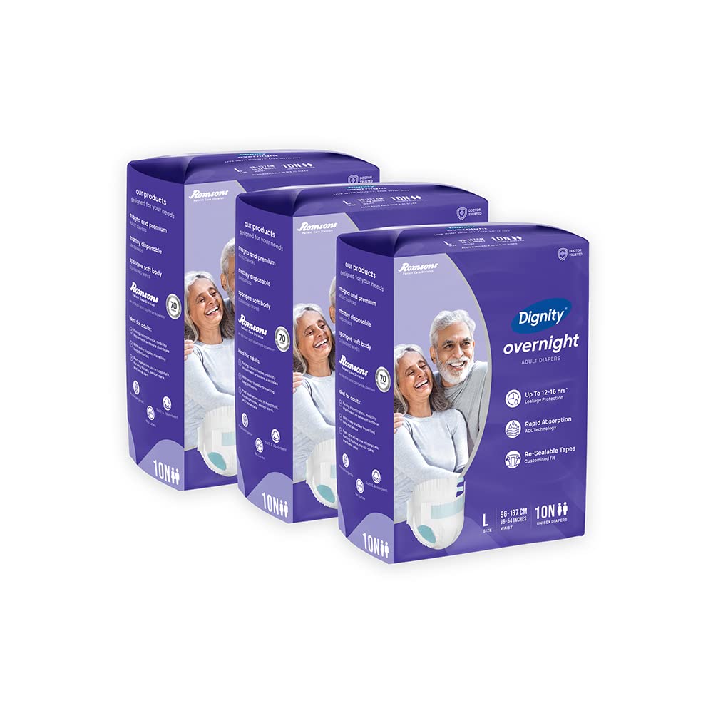 DIGNITY Overnight Tape Style Adult Diapers - L (30 Pieces) With Wetness Indicator and Leakage Protection Upto 12-16 Hrs.