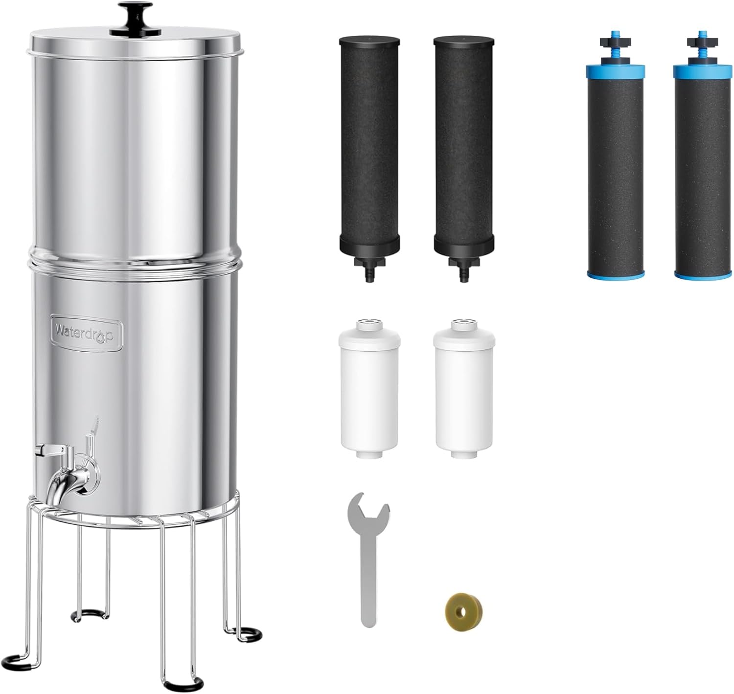 Waterdrop Upgrade Gravity-fed Water Filter System, with Silver Ions Enhanced Filtration, Reduces Fluoride and up to 99% of Chlorine, with 6 Filters and Metal Spigot