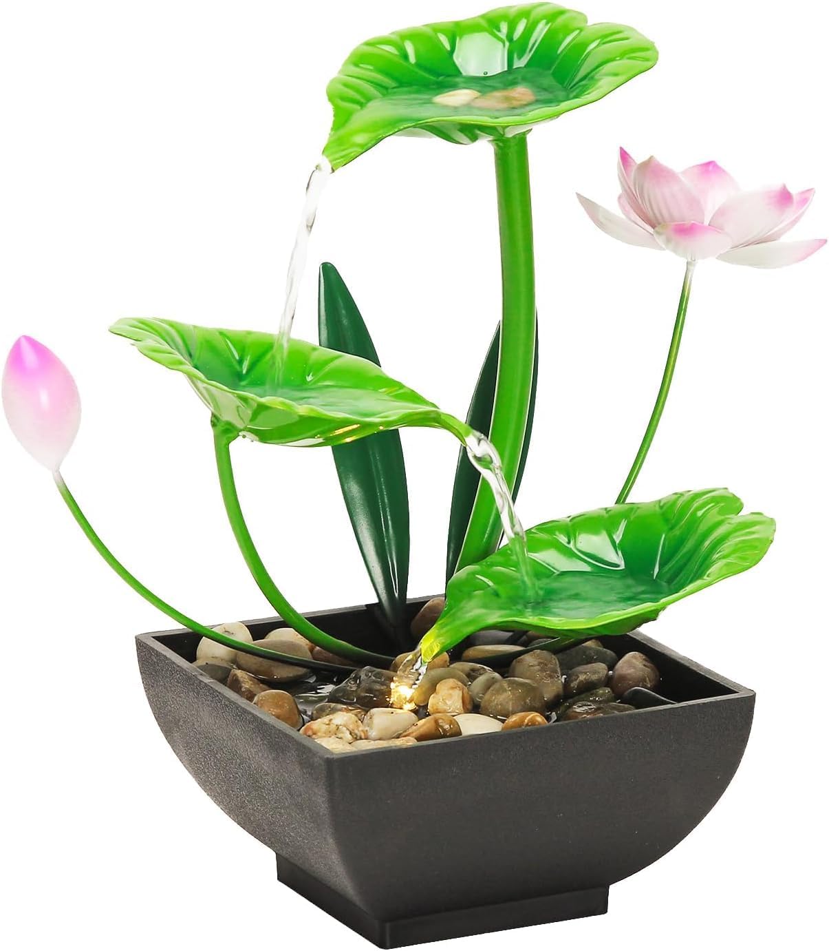 Shree Kashtbhanjan Creation Waterfall Fountain Indoor Water Fountain 3-Tier Lotus Desk Fountain Relaxation Tabletop Fountain Home Decor Including Lots of Rocks and Soothing Sound Machine (Green)