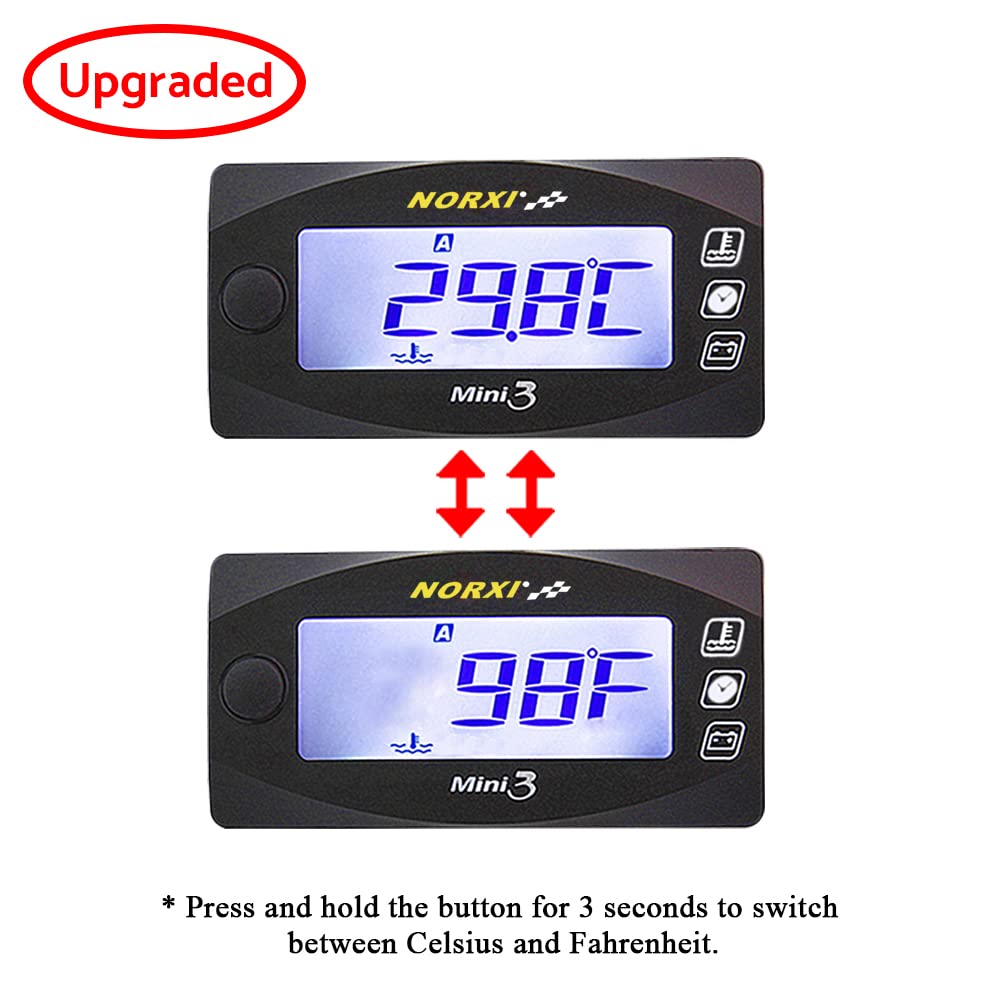 Motorcycle 4-in-1 Multifunction Gauge Mini 4 Meter (RPM Tachometer+Cylinder Head Temp+Voltmeter+Clock) 4in1 Multi-Functional Gauge Digital Multimeter Engine Temperature Meter (14mm, Right)