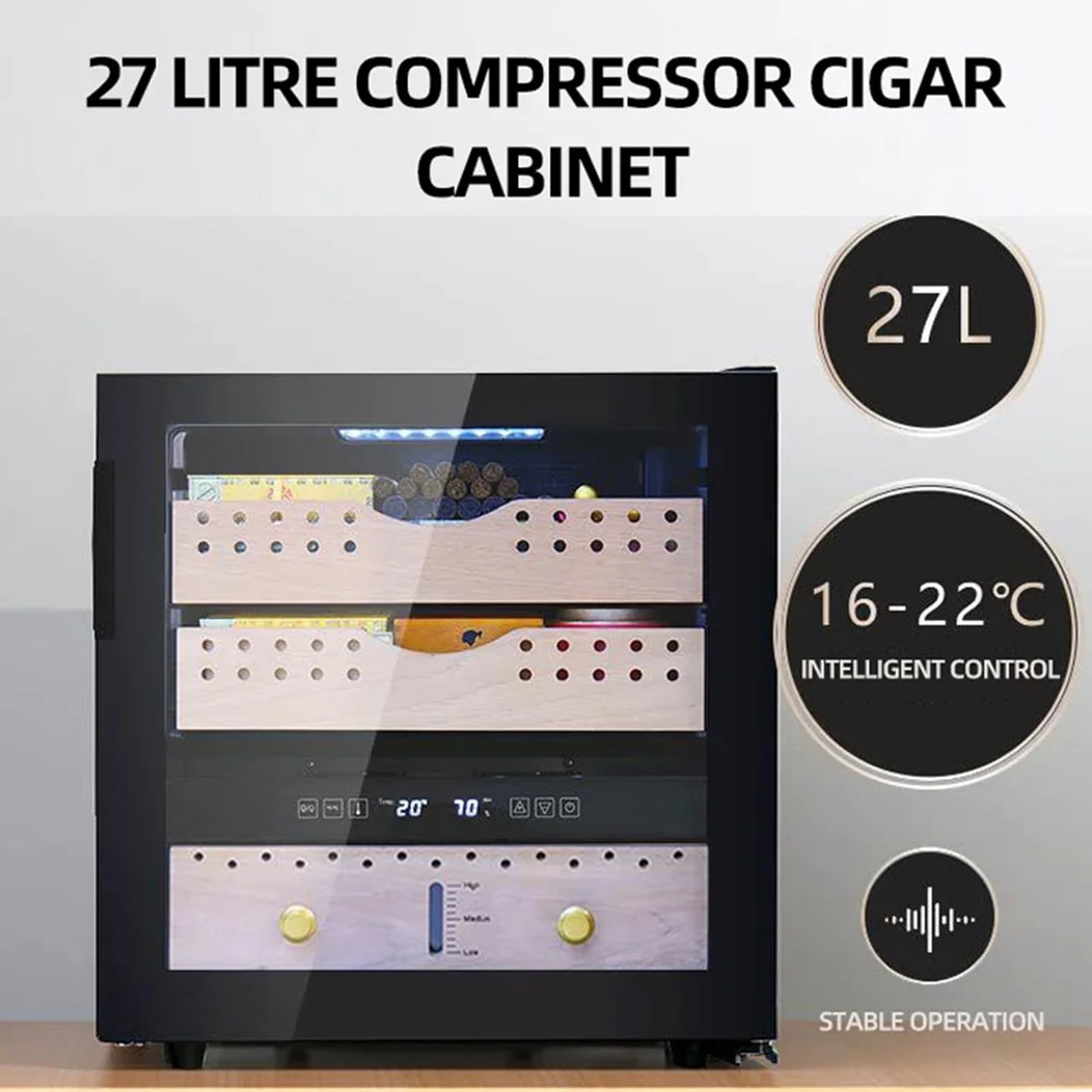 27-litrowy Humidor z kompresorem 150-250 Stała temperatura i wilgotność Jednodrzwiowe Mały Humidor z wyświetlaczem cygar,A
