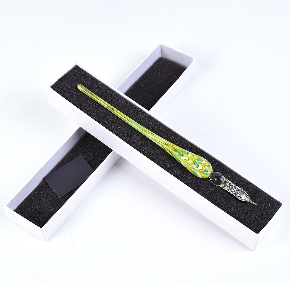Glass Dip Pen Vintage Handmade Crystal Glass Signature Pens Elegant Dip Sign Pen for Writing Christmas Business Present Gift Package Green