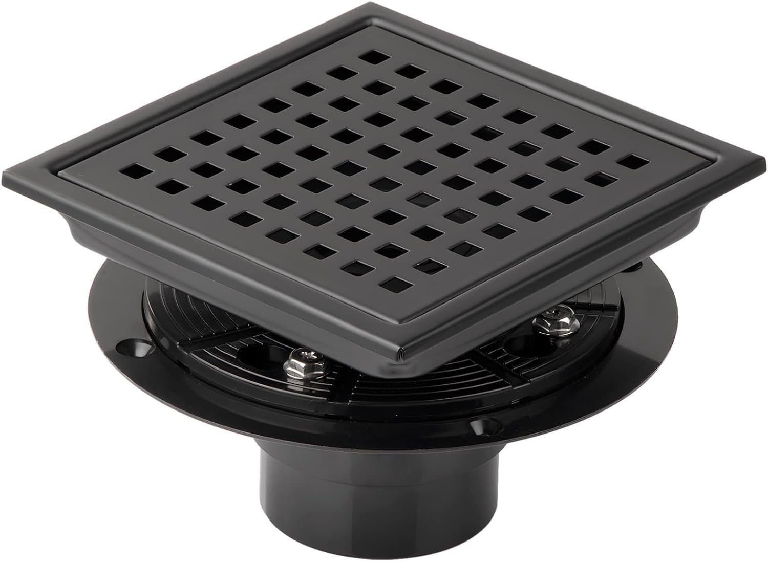 Square Shower Drain, Black Shower Drain 6 inch with Flange and Removeable Grate Cover, AISI 304 Stainless Steel Matte Black Shower Floor Drain with Hair Catcher and Flange