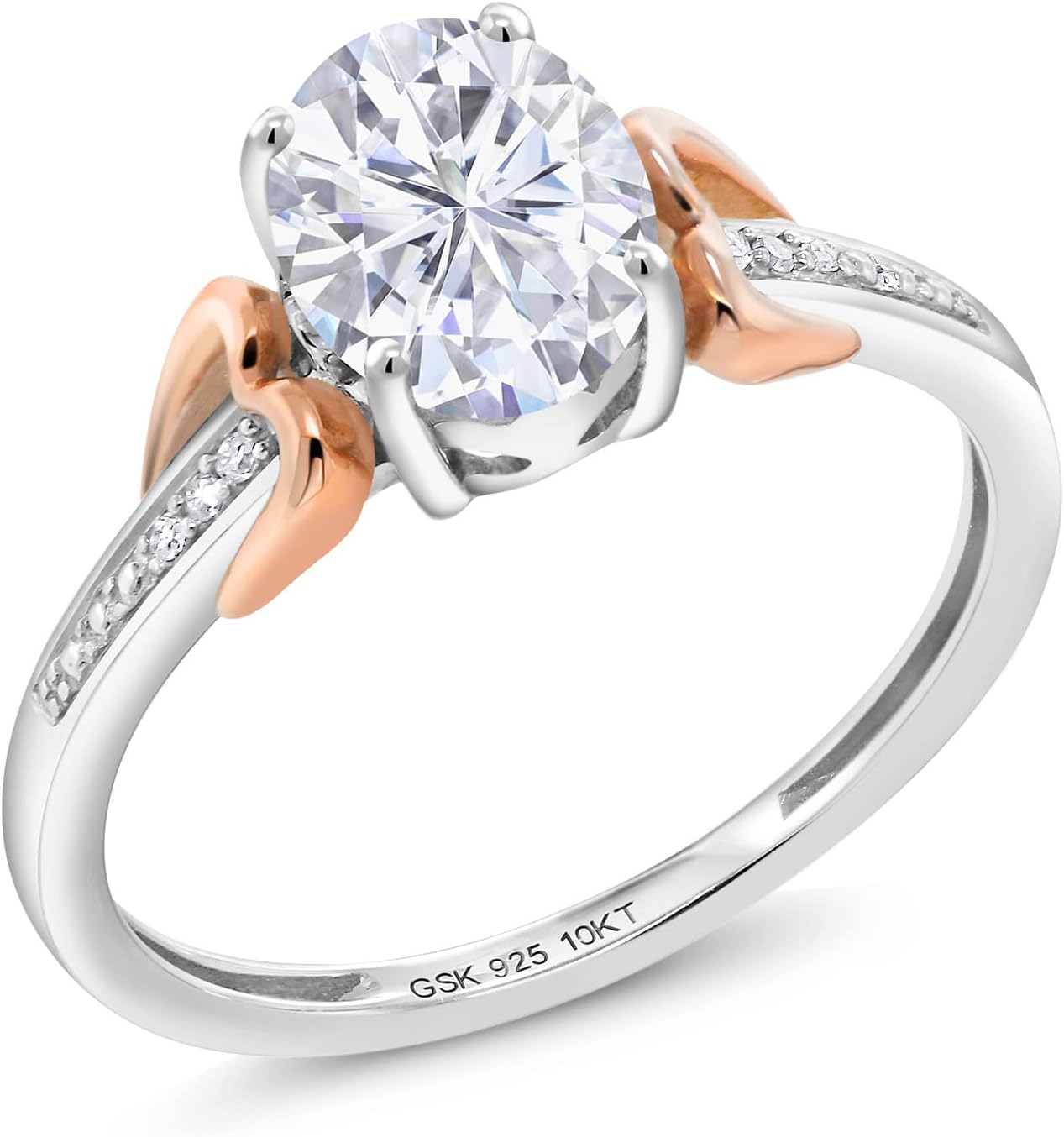 Gem Stone King 925 Silver and 10K Rose Gold Moissanite Solitaire Engagement Ring For Women (1.50 Cttw, Oval 8X6MM)