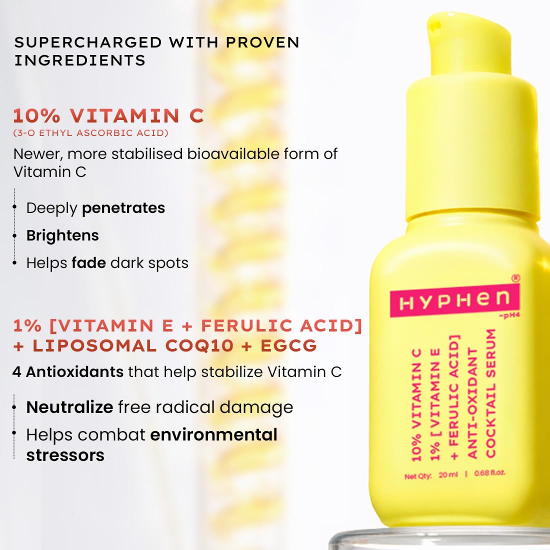 Hyphen 10% Vitamin C, 1% Vitamin E & Ferulic Acid Serum| Clinically Tested to Brighten, Treat Dark Spots & Pigmentation | 12Hr Slow Release Formula| Non-Irritating, Suitable for Sensitive Skin – 20ml