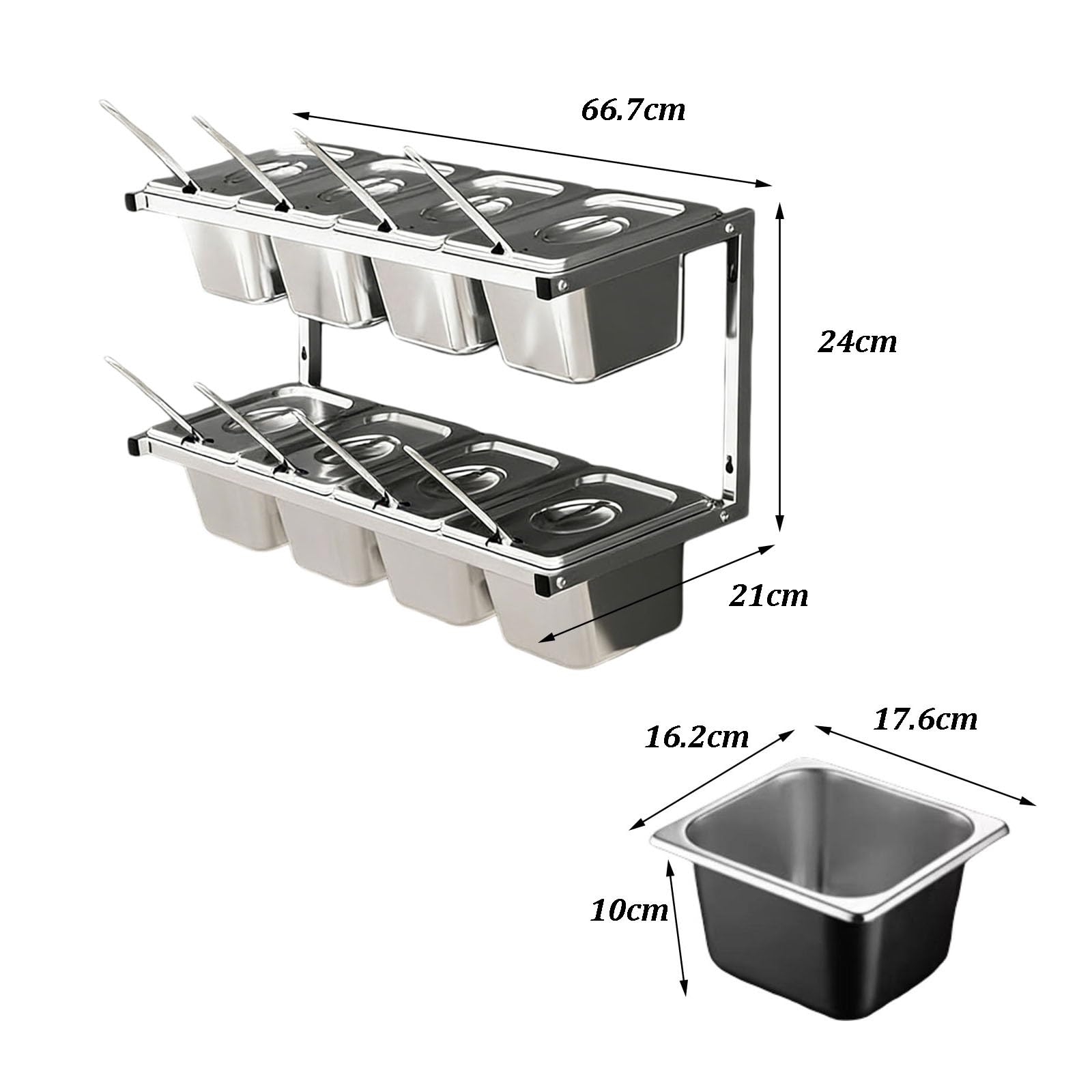 Stazione per condimenti a doppia fila, organizer da parete per pizza con coperchio e cucchiaio, in acciaio inox, portaspezie per cucina o ristorante, 10 griglie