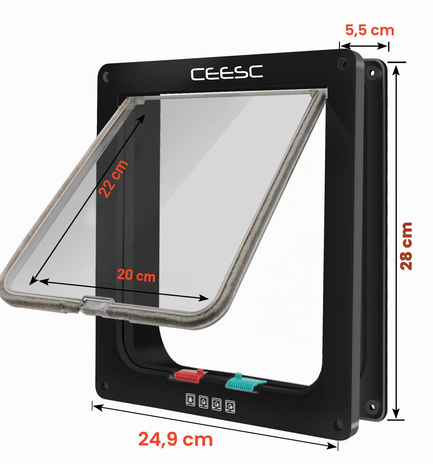 CEESC Grande chatière (Taille extérieure 28cm x 24.9cm), Verrouillage à 4 Voies Chatière pour Chats et Petits Chiens de circonférence <63cm, Facile à Installer et à Utiliser