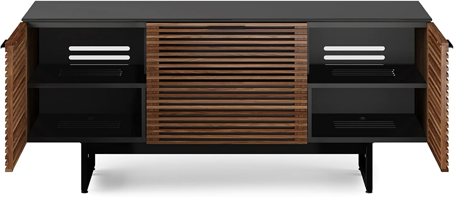 BDI Furniture Corridor 8177-65'' TV Stand for TVs up to 70" with Soundbar Shelf, Storage Drawer, Cable Management, Remote-Friendly Louver Doors, Satin-Etched Glass Top, Natural Walnut