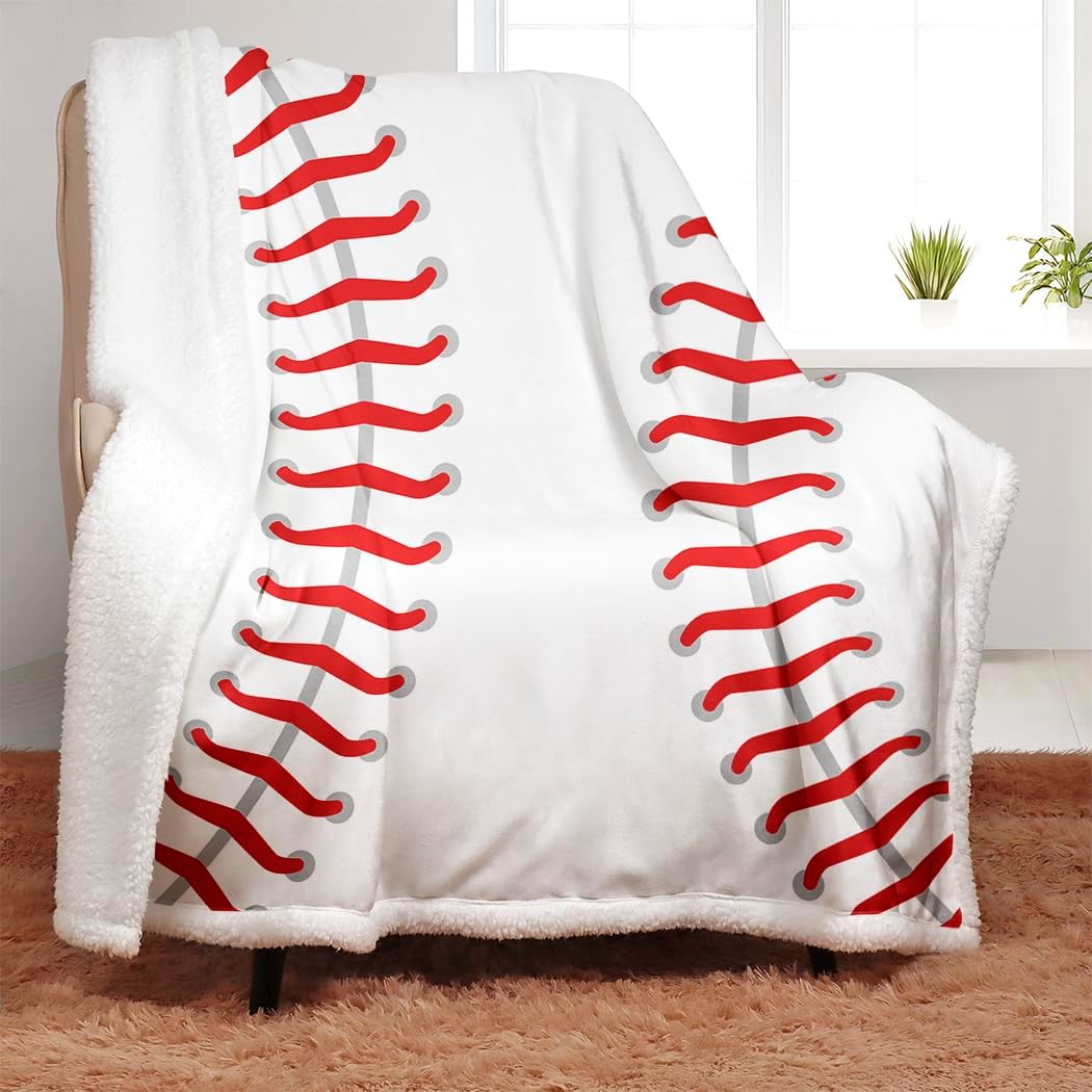 YISUEMEI Baseball Texture Sherpa Blanket, Soft and Plush Classic Sports Theme Fleece Throw Blanket for Adults Men Boys, 60x80 Inches