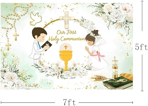 Vista 42 de Telón de fondo de Nuestra Primera Comunión para gemelos, Dios bendiga el bautismo, decoración de fiesta, ceremonia de bautizo, Mi Primera Comunión