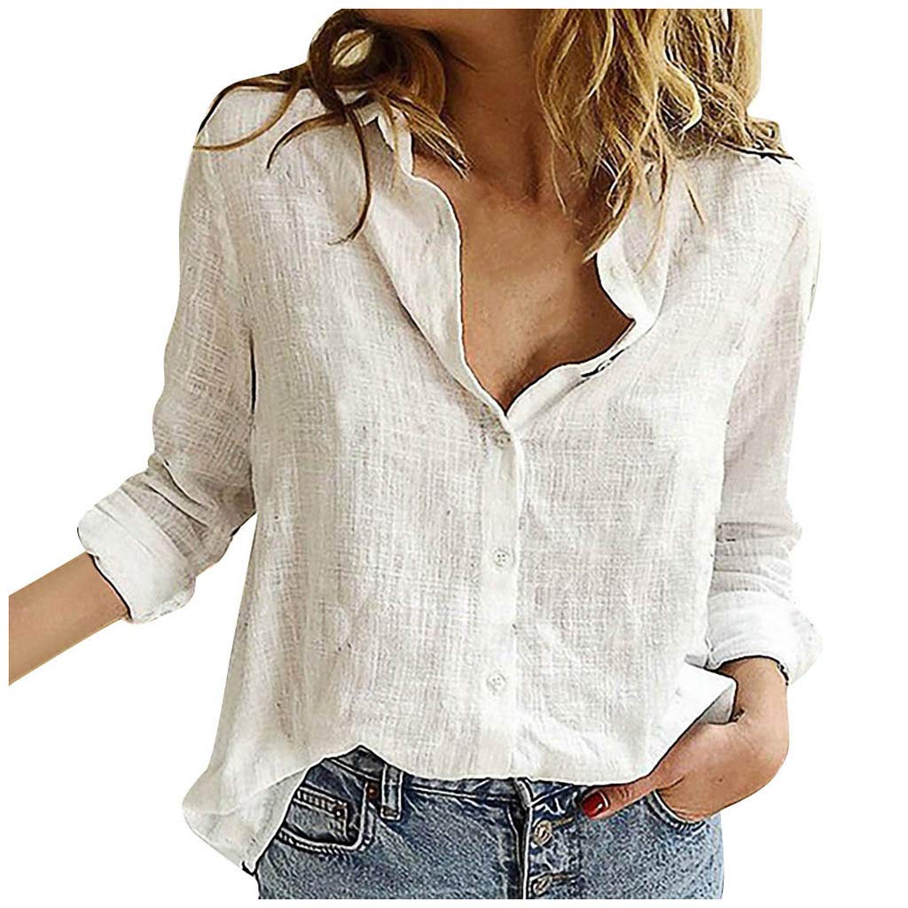 Generic Elegante blusa de lino para mujer, elegante, de manga larga, camisa de lino festiva, cuello en V, túnica, corte ajustado, camisa de lino para mujer, tallas grandes, camisetas de primavera y verano