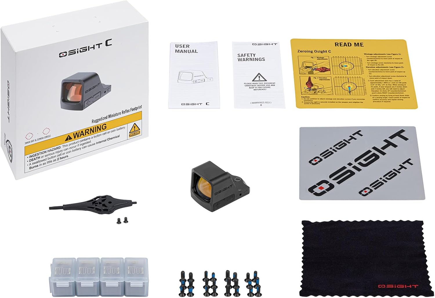 Contents of the Osight C Micro Red Dot Sight package, including the sight, tools, pouch, cleaning cloth, and manuals