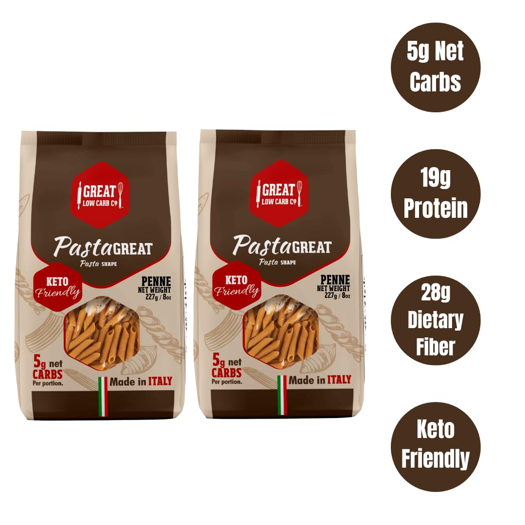 Great Low Carb Co. Keto-Friendly Italian Pasta Set, 0-5g Net Carbs, High Protein, High Fiber, Low Carb, Low Calories Made in Italy (2 Pack, Penne 8oz bag)