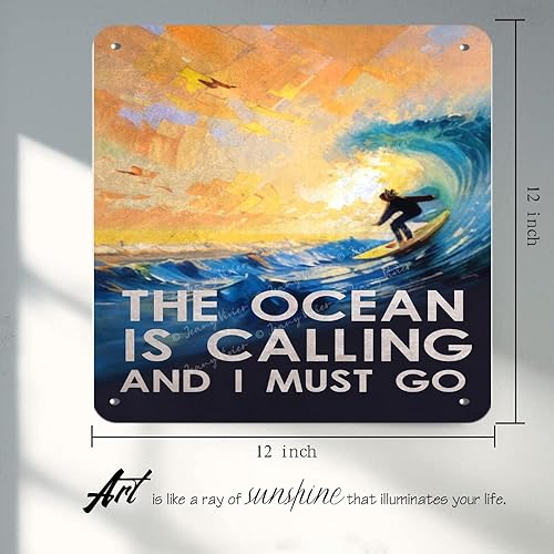 Miniatura 3 de Zomyto Letreros de lata con texto en inglés «The Ocean is Calling and I Must Go», arte de pared retro divertido de metal, póster vintage para