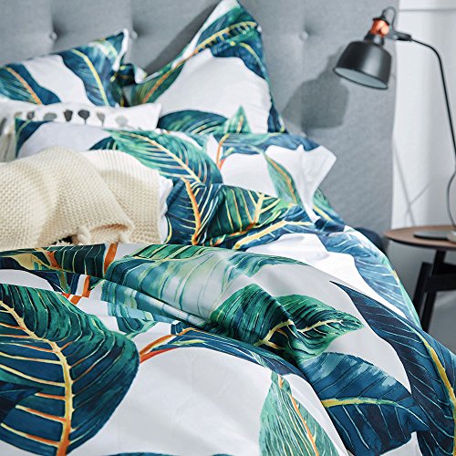 VM VOUGEMARKET Leaves Duvet Cover Set Queen,3 Piece Soft Premium Cotton Green Tropical Palm Tree Comforter Cover with Zipper Closure,Botanical Bedding Set Queen
