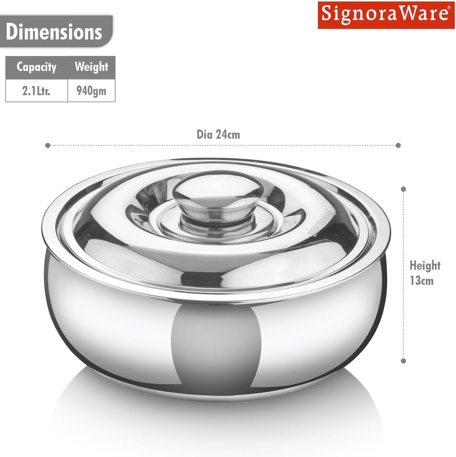 Signoraware Casserole Serving Bowl Container with Coaster, Insulated Stainless Steel with Insulated Steel Lid| Belly Shape Hot Pot, Food Grade, Bpa Free Serverware (2100ml, Set 1 Silver)