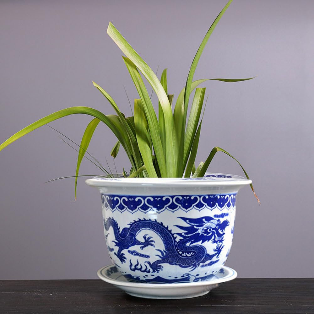 DFGHNBVC Blue And White Porcelain Flowerpot Chinoiserie Jingdezhen Home Garden Planter Pattern Plant Pot With Drainage Hole For Indoor Outdoor Gardening Plants,B-21 * 14cm