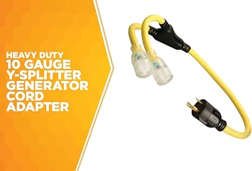 Coleman Cable 01915 3-Feet Generator Power Cord Adapter; 10/3 Splitter Y Adapter; L5-30P to (2) Lighted 5-20R